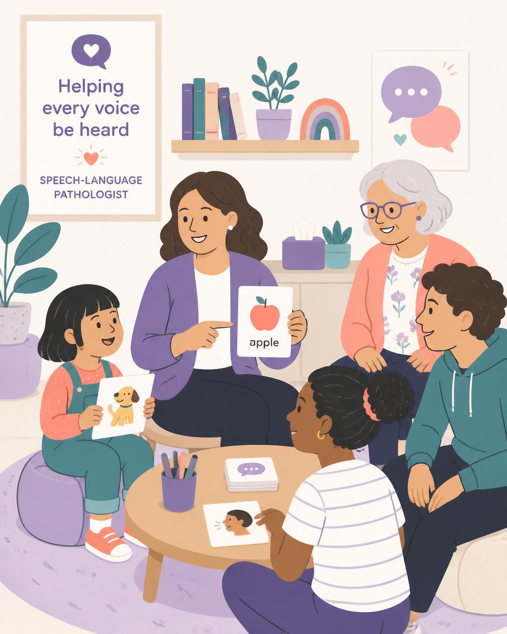 Illustration of a speech-language pathologist working with clients of different ages